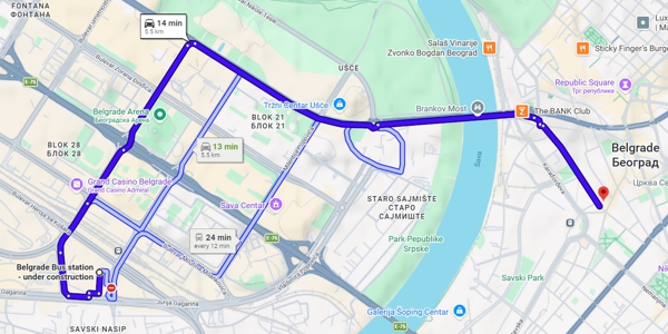 Izaberite najkraći put od Autobuske stanice Beograd do hostela u Beogradu