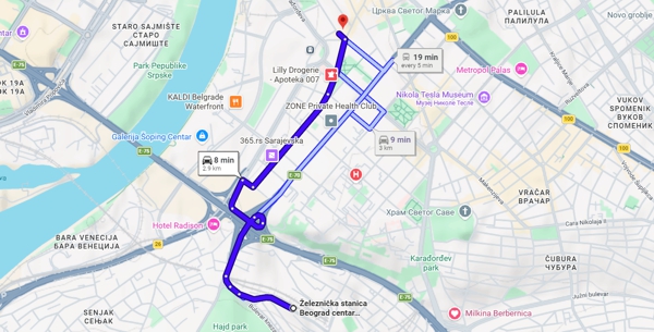 Izaberite najkraći put od Železničke stanice Beograd Centar do hostela u Beogradu